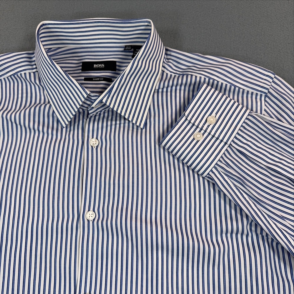 Hugo Boss Sharp Fit Mens Dress Shirt Blue White Striped 16.5 32/33 Cotton
